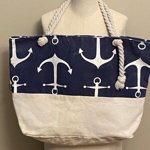 Navy Anchor Print Canvas Tote with Rope Handles